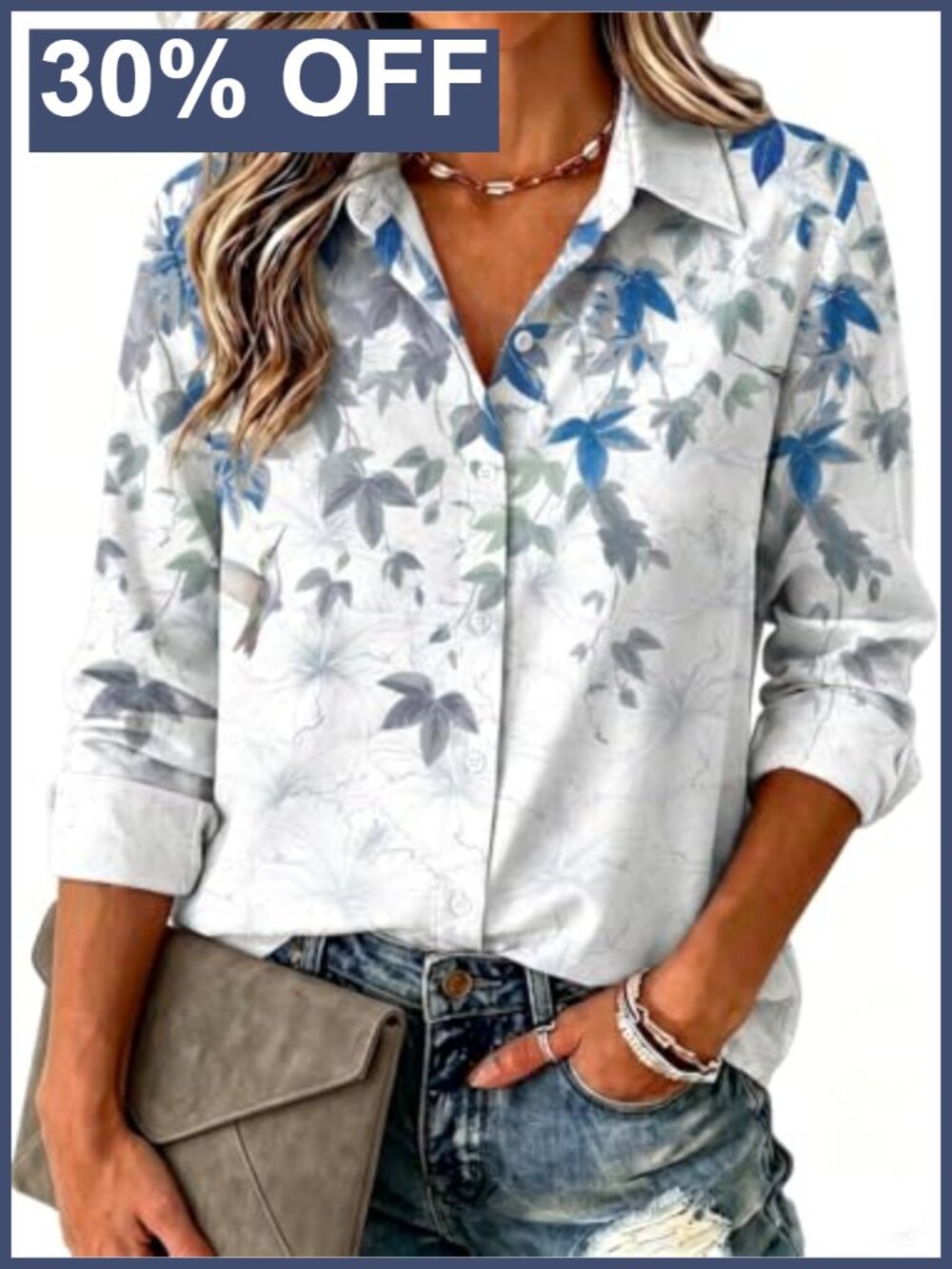Women's V-Neck Button Down Blouse Long Sleeve Floral